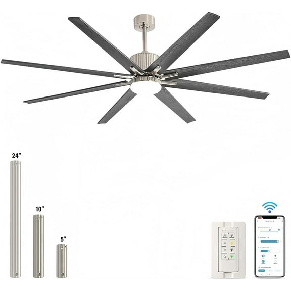 Sofucor 76 Inch Large Industrial Ceiling Fan with Light, Smart Fan with Remote & APP Control, Compatible with Alexa Google, Solid Wood 8 Blade, 3 Downrod