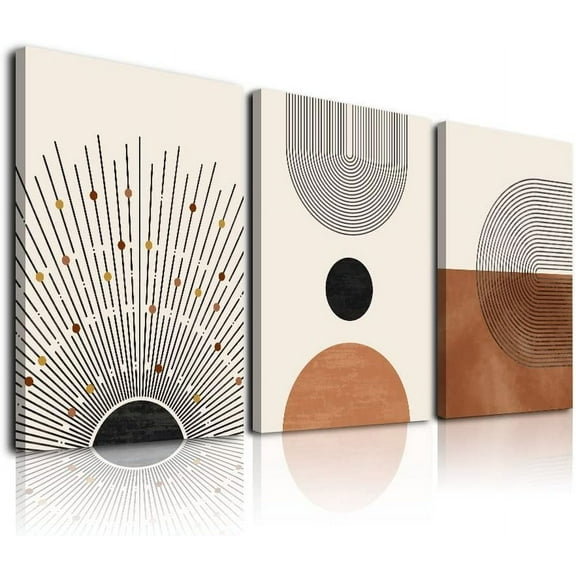 Abstract Boho Wall Art, Minimalist Neutral Beige Brown Sun Geometry Black Line Artwork Paintings, Modern Boho Room Decor Ready To Hang for Bedroom Bathroom Office (12"x16"x3)