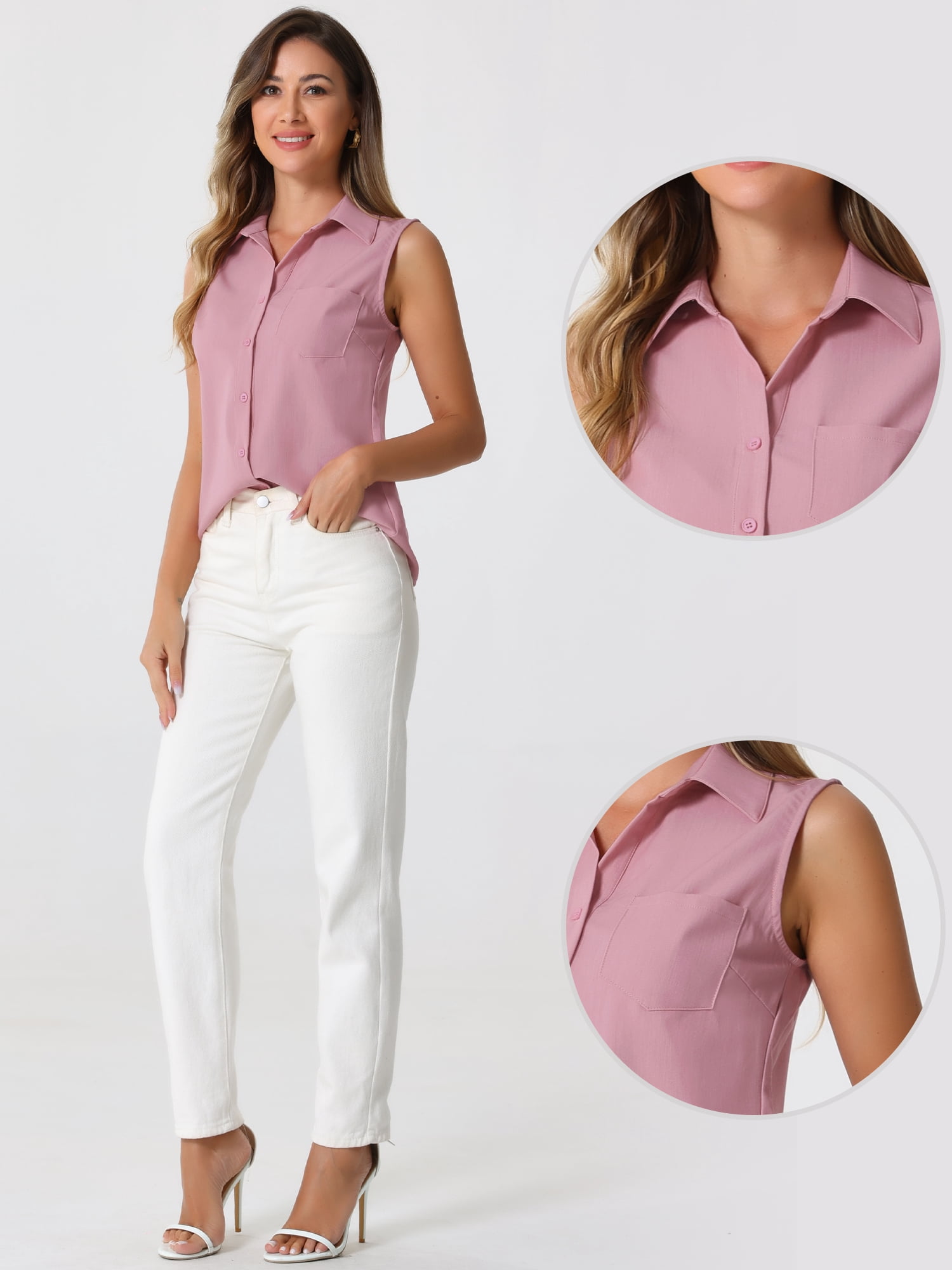 DARING DIVA Women's Sleeveless Lapel V Neck Chambray Tunic Denim Tops M Pink