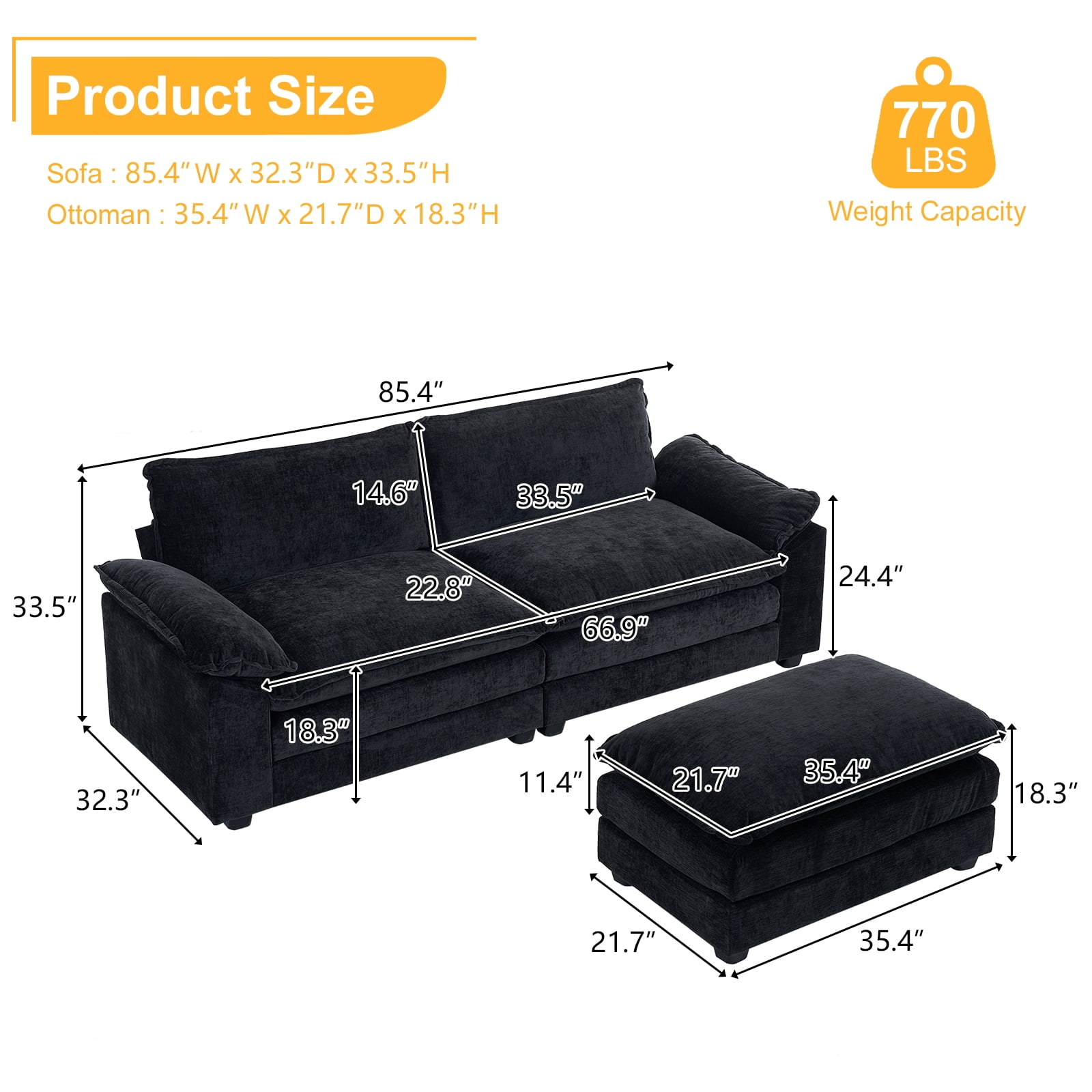 Zimtown Sectional Sofa with Ottoman, L Shaped Convertible Couch with Removable Chaise Chenille Fabric Sofa Set for 3-4 Persons Living Room Furniture Black
