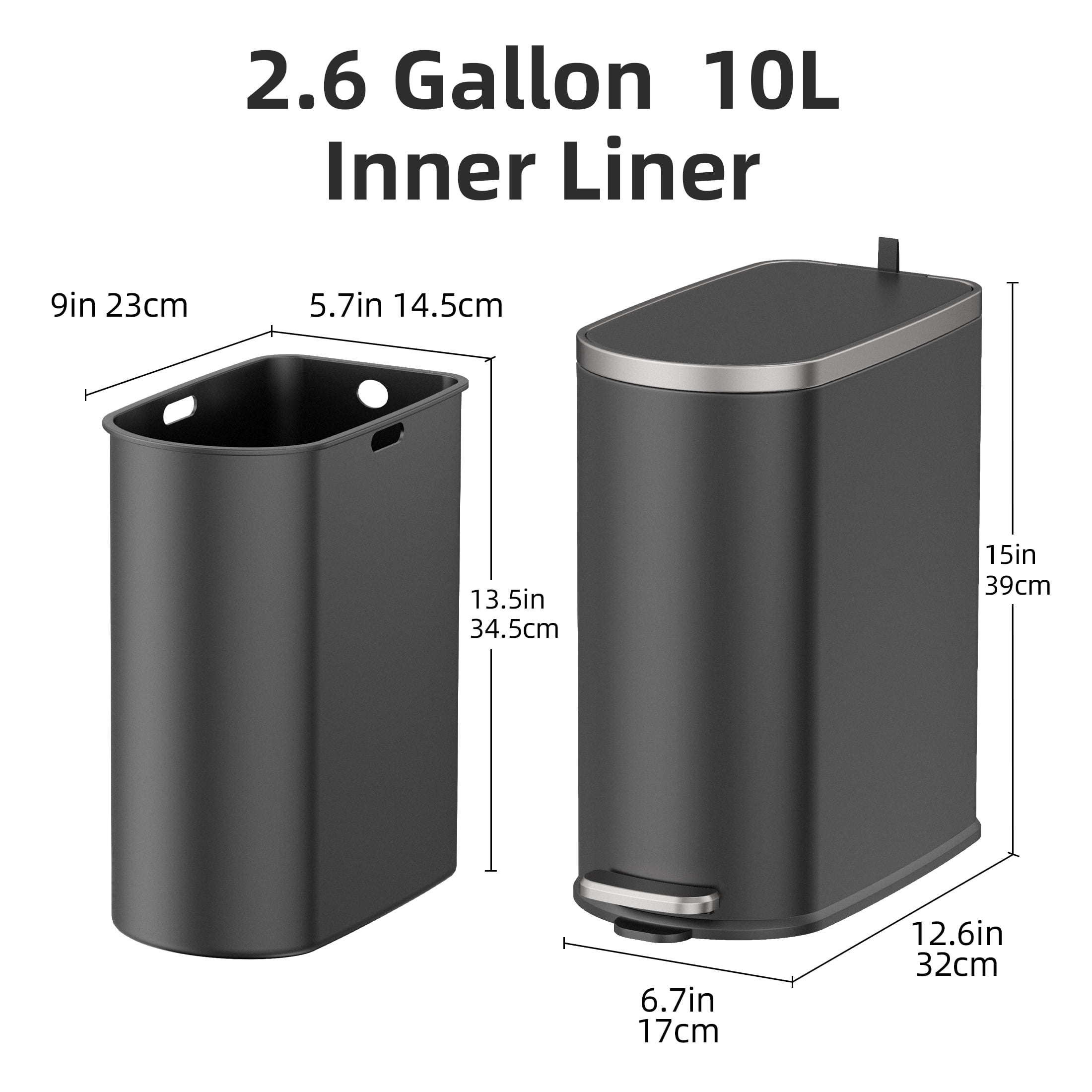 KSSKSS 2.6 Gallon/10L Slim Stainless Steel Bathroom Trash Can with Lid, Soft-Close Small Garbage Bin for Narrow Spaces, Black