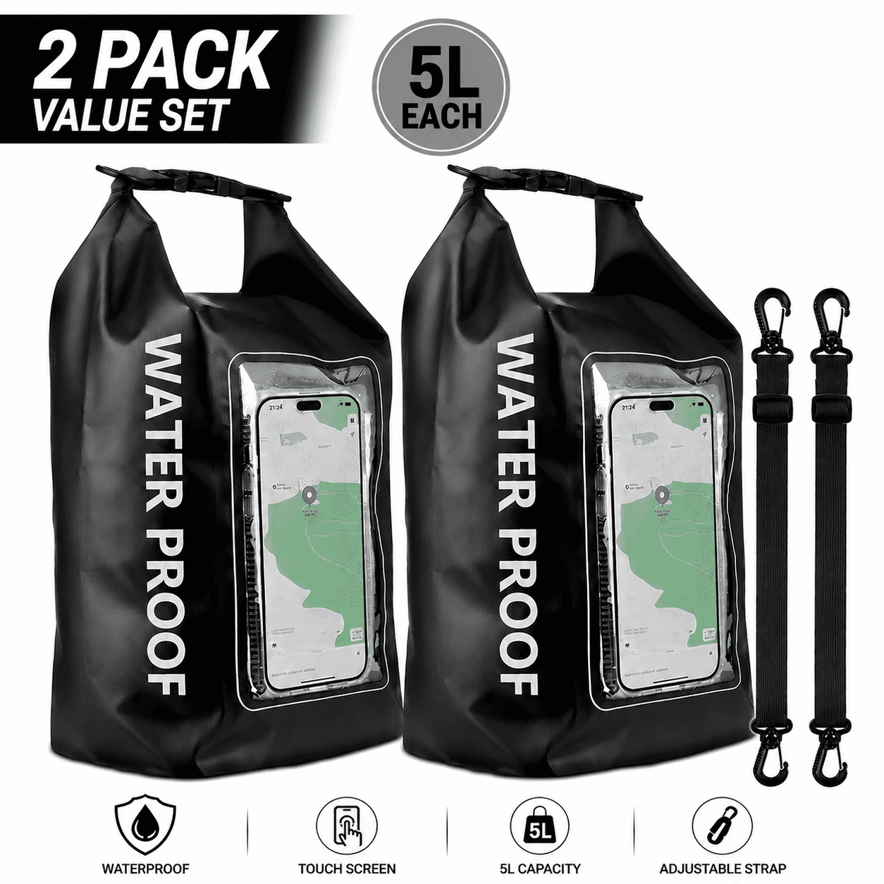 2 Pack Waterproof Dry Bag 5L with Phone Window, Waterproof Storage Bag with Adjustable Strap for Kayaking, Fishing, Camping and Beach