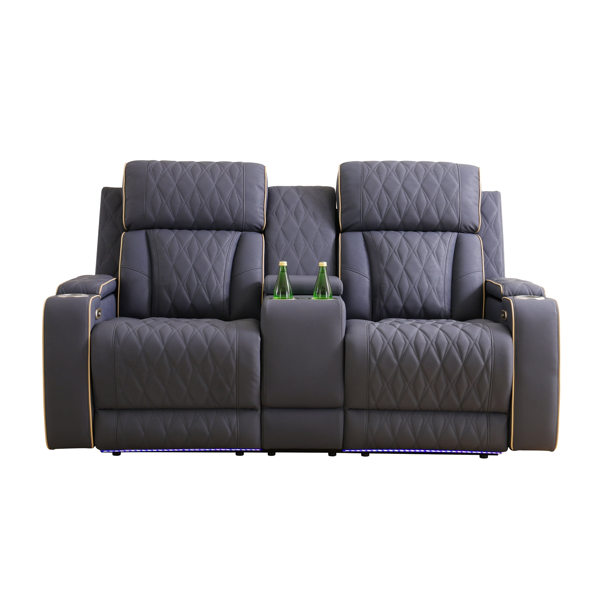 Aukfa Power Recliner Loveseat RV Sofa with USB, Cup Holders & LED Lighting, Storage Console, Home Theater Seating for Living Room, PU Leather, Blue Gray
