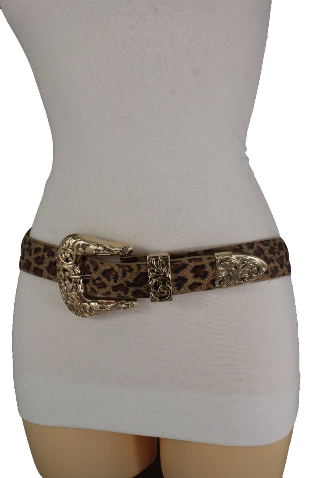 Women Gold Metal Buckle Hip Waist Western Fashion Belt Beige Leopard ...