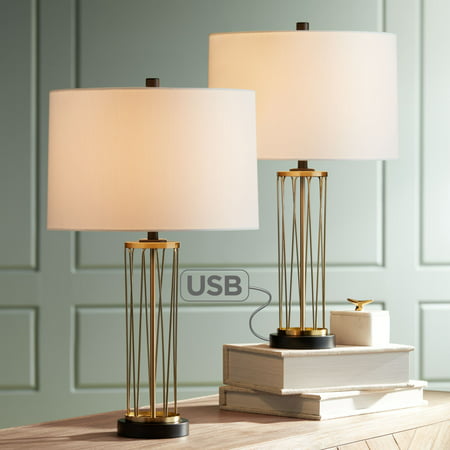 360 Lighting Modern Table Lamps Set of 2 with Hotel Style USB Charging Port Gold Metal Drum Shade for Living Room Family Bedroom Bedside
