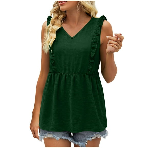 Mittory Womens Babydoll Tank Tops V Neck Ruffle Sleeve Pleated Peplum Shirts Summer