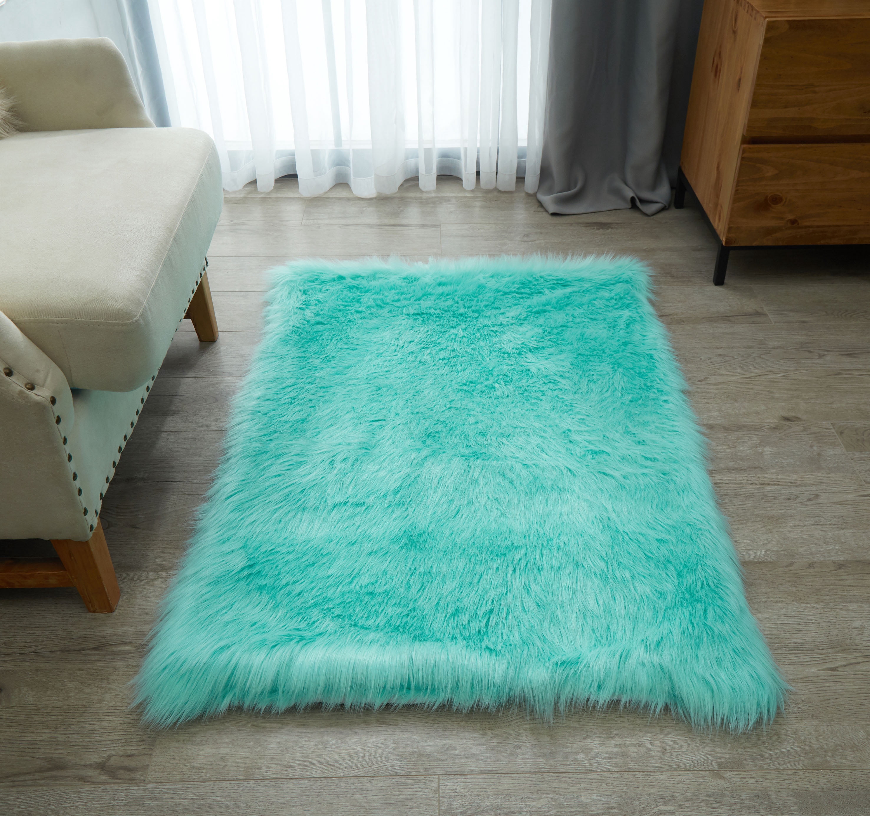 Lanco Fluffy Sheepskin Faux Fur Shag Area Rug, Mint, 30x46