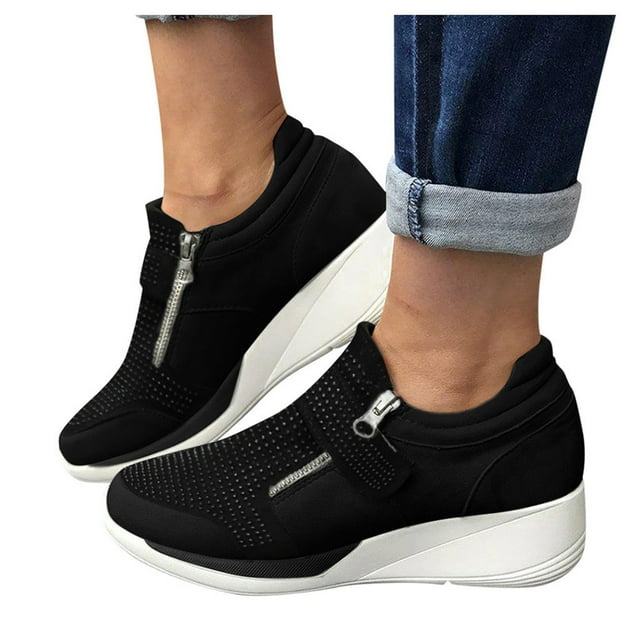 LOVZFMLL Espadrilles pour Femmes Athlétiques à Plateforme en Maille Tennis Respirantes à Semelle Compensée Espadrilles Confortables à Fermeture Éclair à Enfiler Chaussures de Marche Noir 9.5