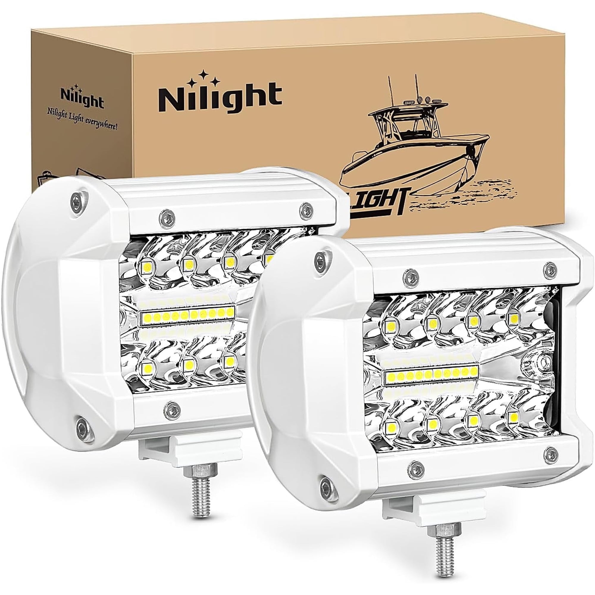 Nilight Marine LED Light Pods Navigation Lights 2PCS 4Inch White Spot Flood Combo Ponton Boat Deck Dock Lights for Night Fishing T-top Stern Yacht Port Sailboat Trucks Tractors, 2 Years Warranty