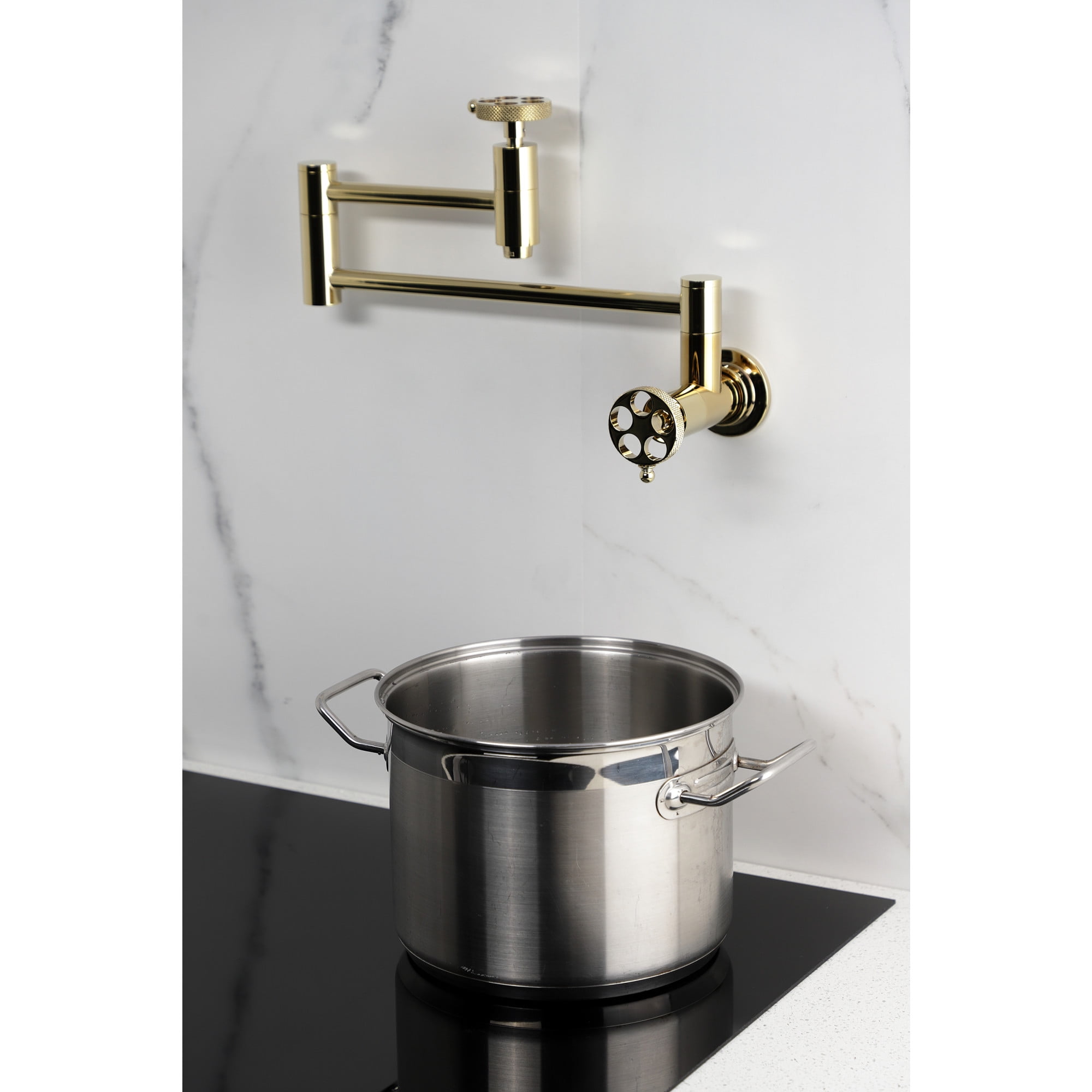 Kingston Brass KS8102RKX Webb Wall Mount Pot Filler Faucet with Knurled Handle, Polished Brass