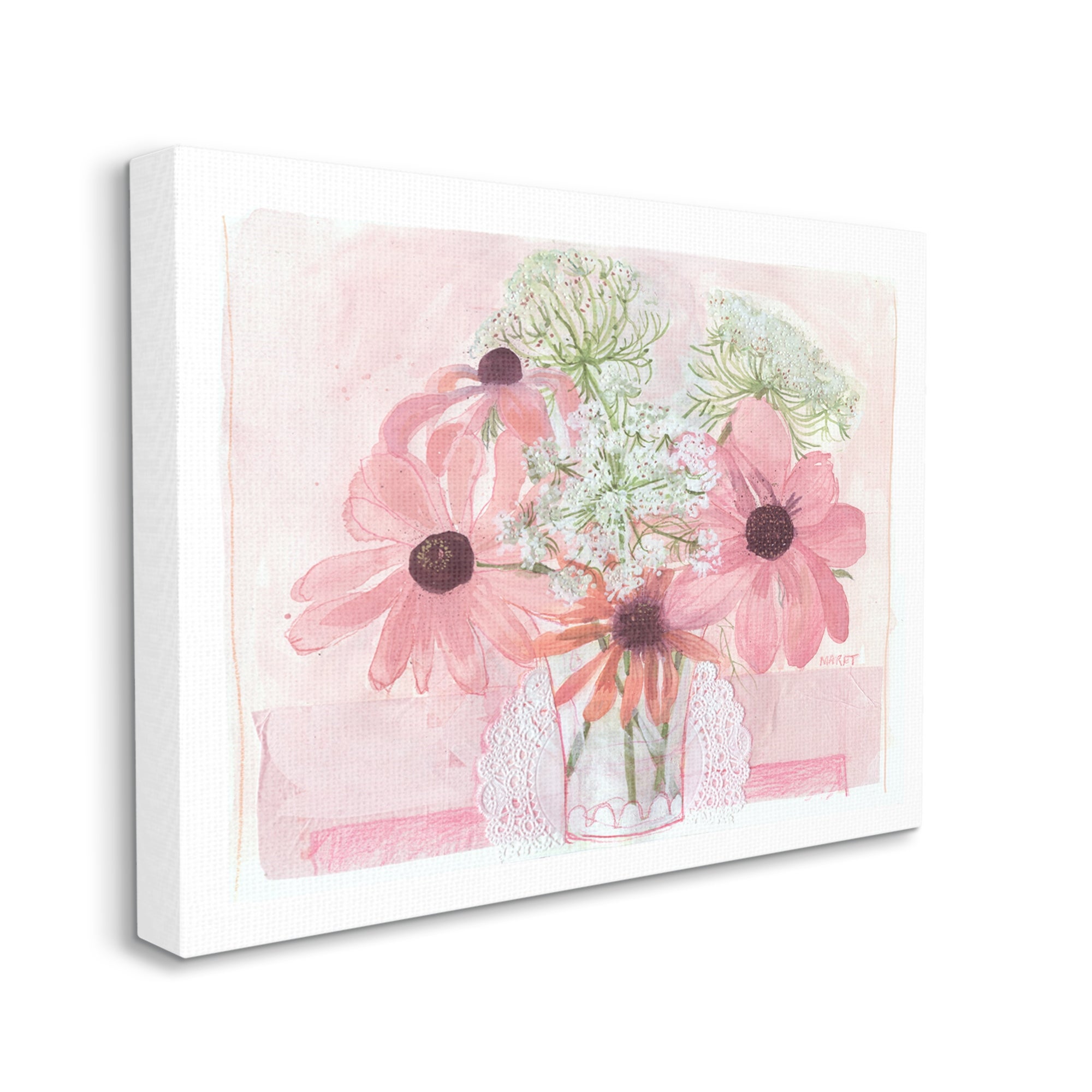 Stupell Industries Delicate Pink Flower Blossoms Bouquet Doily Vase Graphic Art Gallery Wrapped Canvas Print Wall Art, Design by unknown