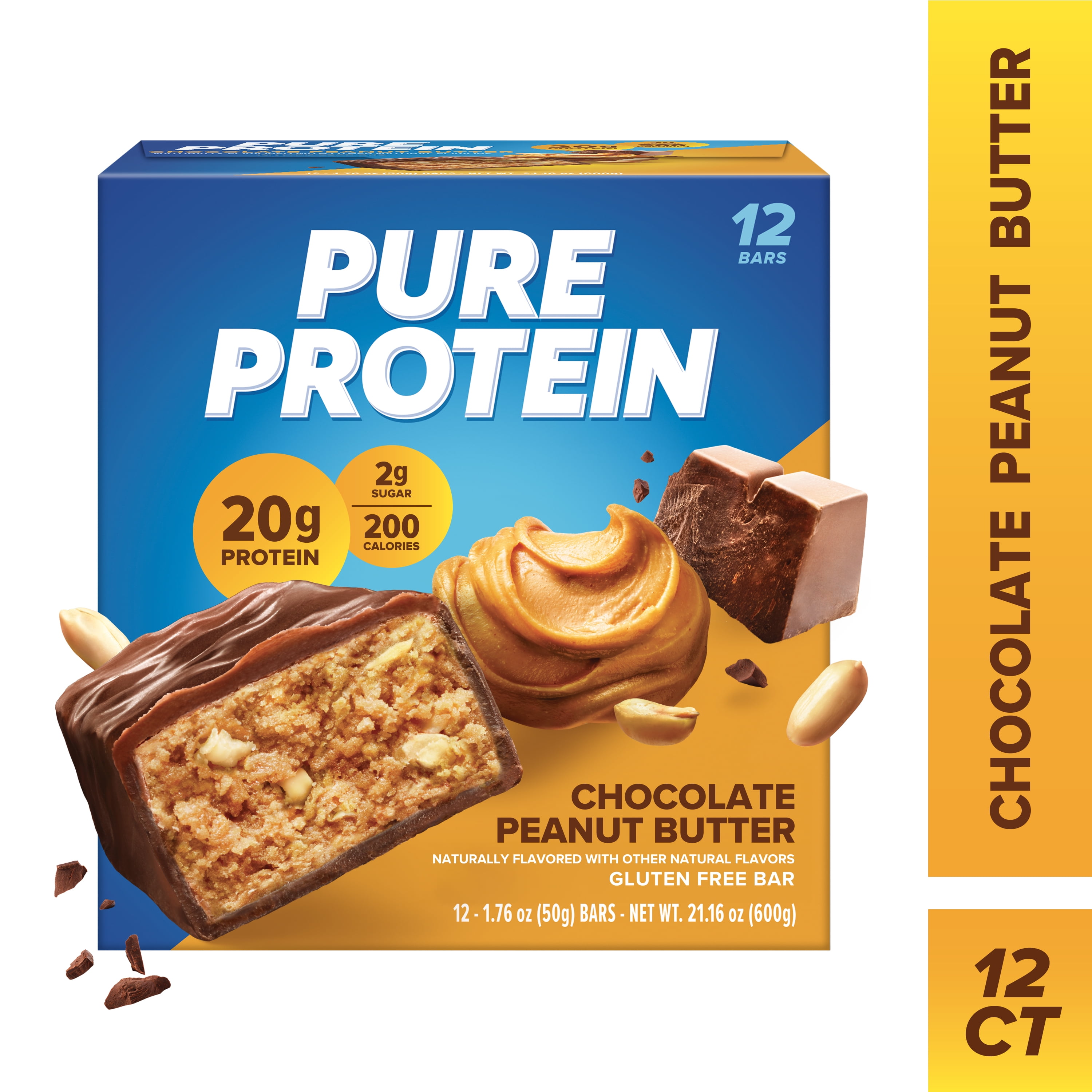 (3 pack) Pure Protein Bars, Chocolate Peanut Butter, Low Sugar, 20g Protein, 1.76 oz, 12 Count