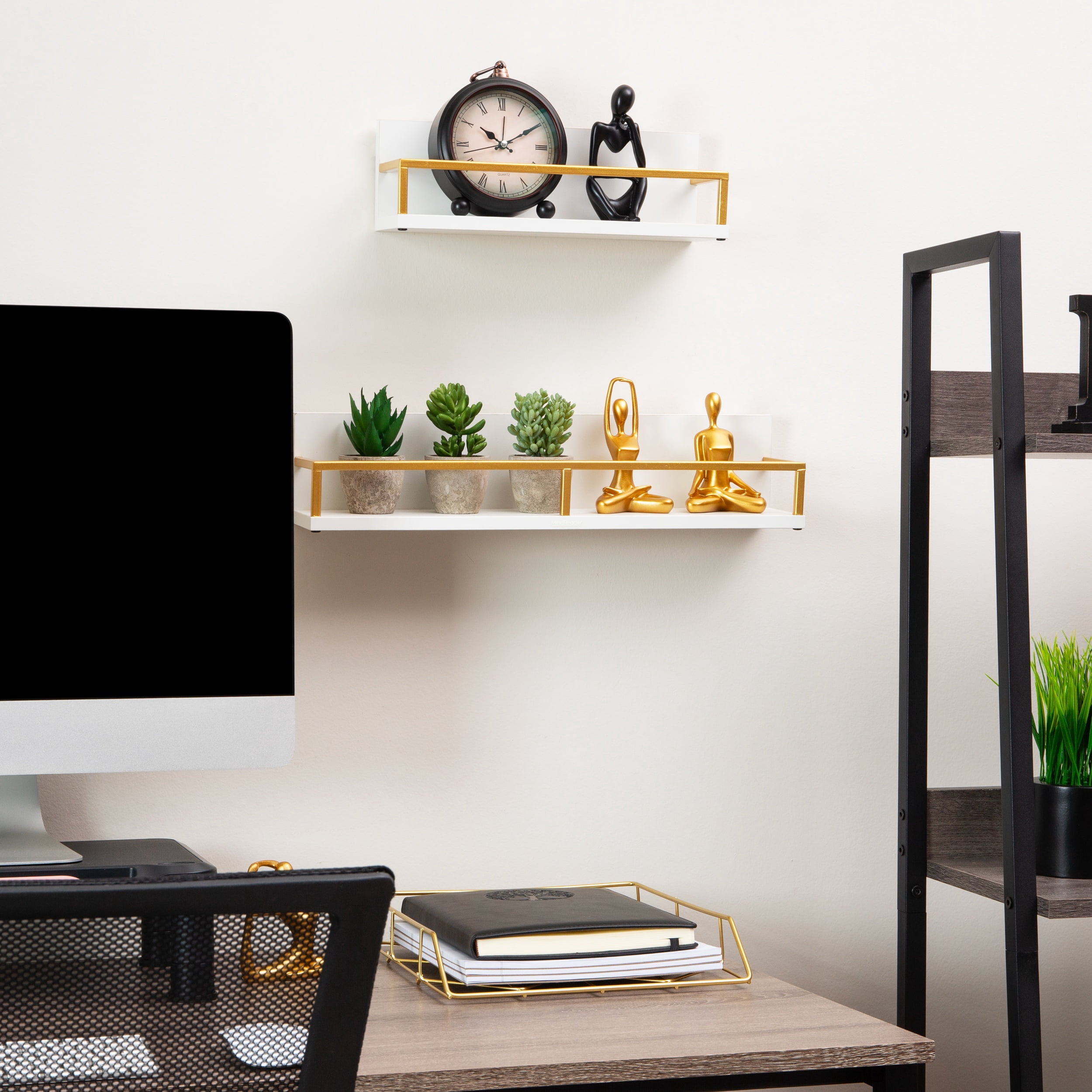 Mind Reader Floating Shelves, Wall-Mounted Office Organizers, Modern MDF Display Storage with Metal Rail, Metal. MDF, Set of 2, White