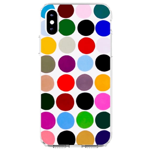 DistinctInk Clear Shockproof Hybrid Case for iPhone X / XS (5.8" Screen) - TPU Bumper, Acrylic Back, Tempered Glass Screen Protector - Rainbow Polka Dots