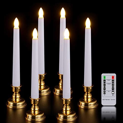 Window Candles With Remote Timer, Pchero 6 Packs Battery Operated Warm White Led Flameless Taper Candlesticks With Golden Removable Candle Holders, Ideal For Wedding Christmas Table Decor