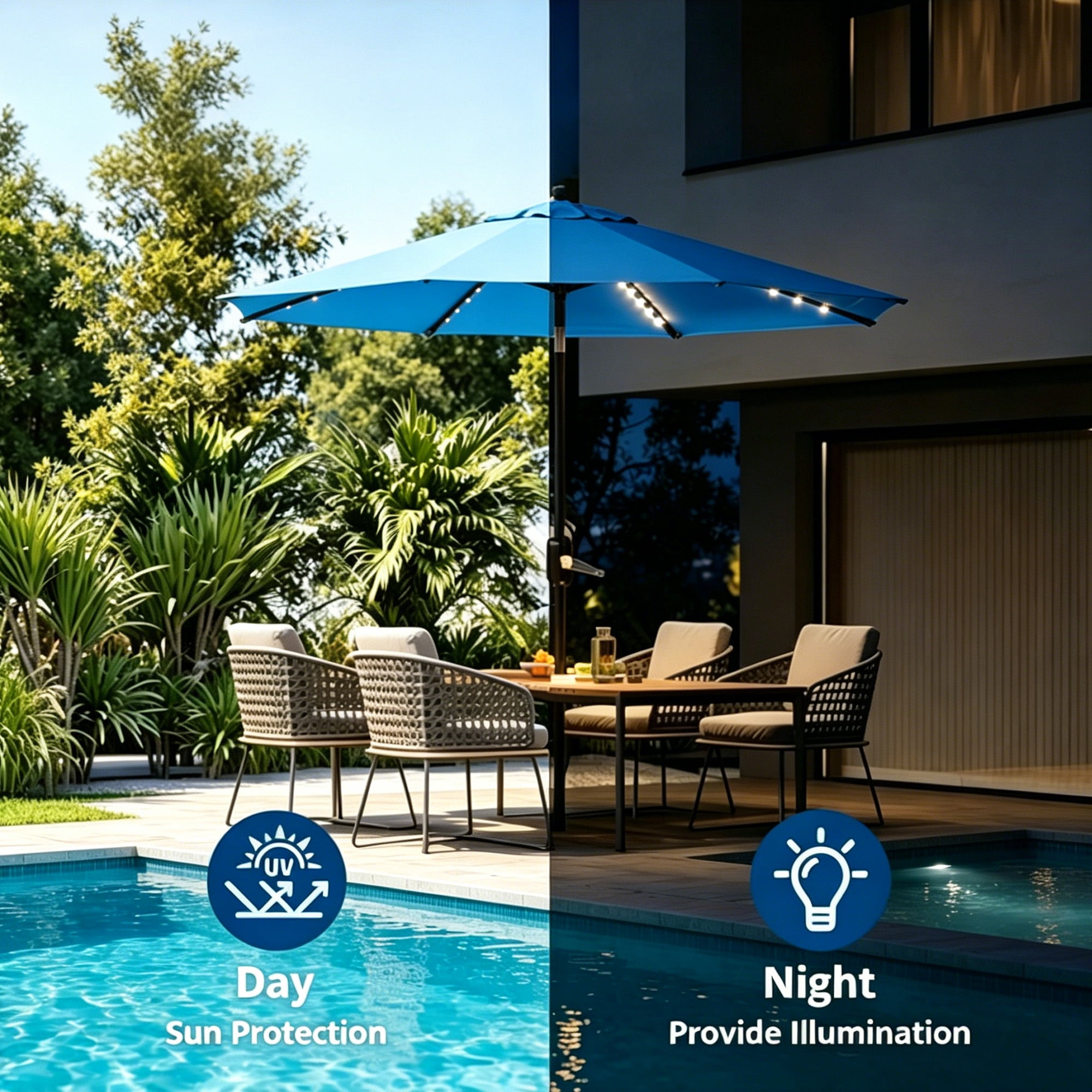 Kool Outdoor 9ft Solar LED Lighted Market Patio Umbrella with Crank and Tilt - Aqua