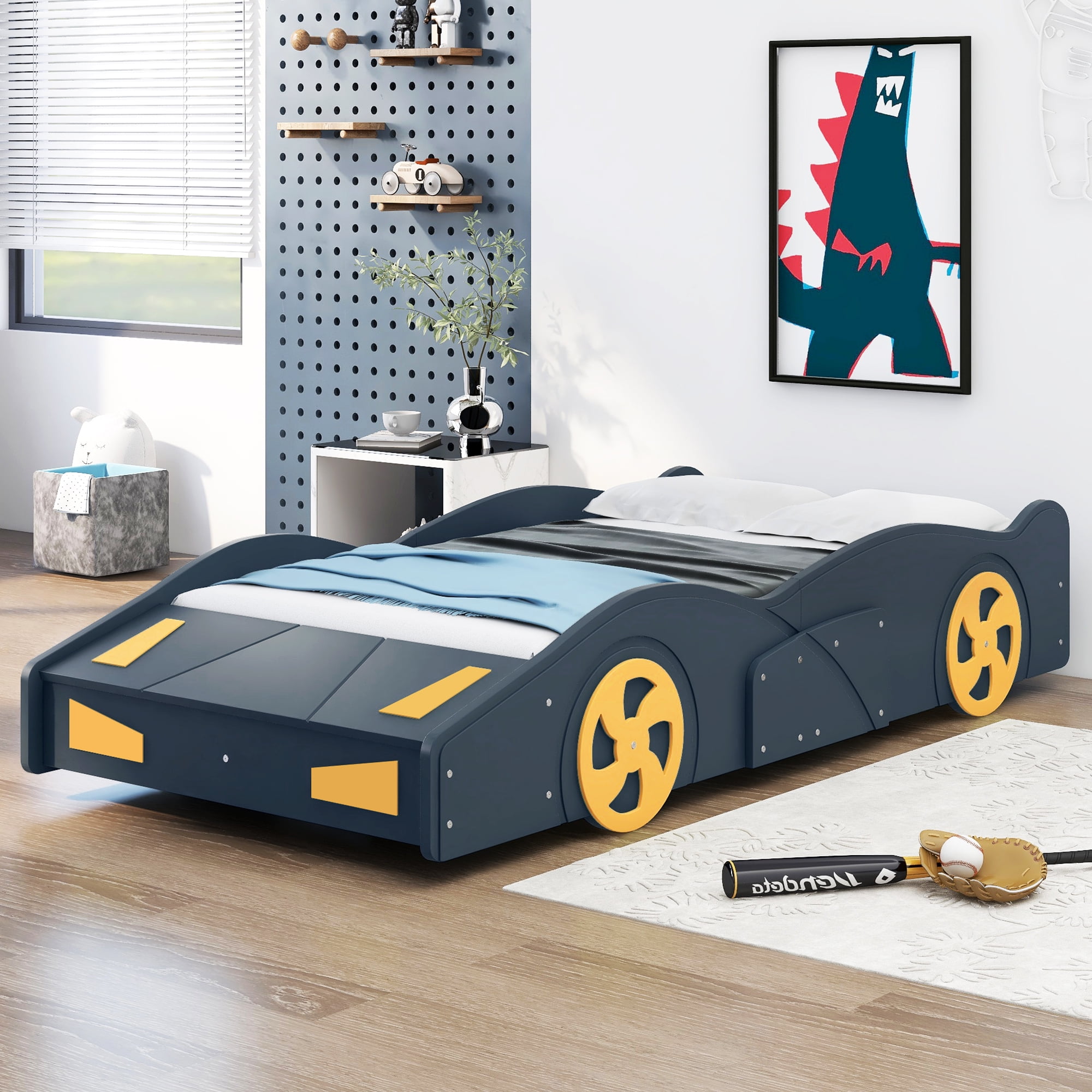 Euroco Car-Shaped Twin Size Platform Bed with Tires and Storage Cabinet for Kids Bedroom, Dark Blue
