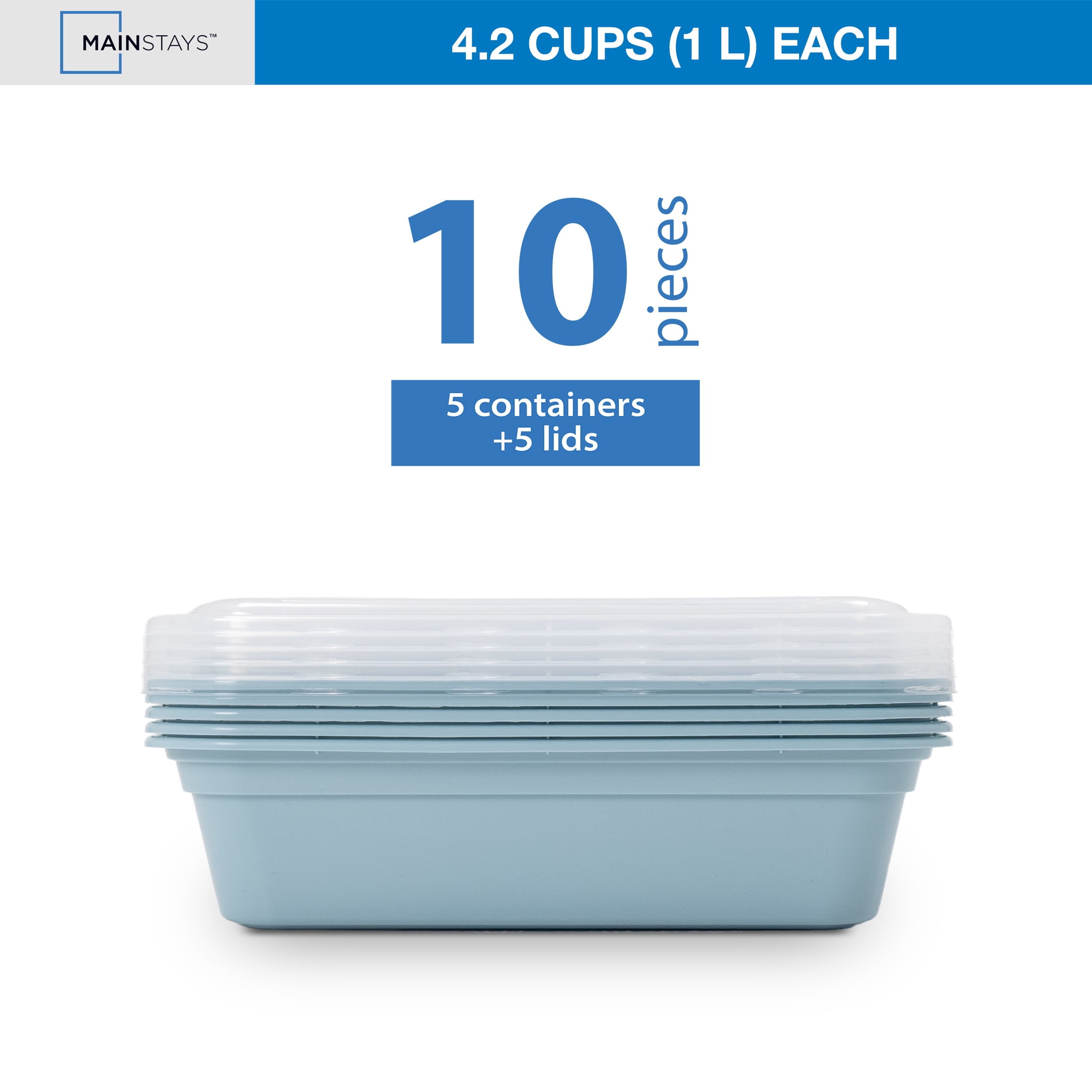 Mainstays 5-Pack 1-Compartment BPA-Free Plastic Meal Prep Food Storage Containers, 1L, Blue Cameo