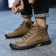 thumbnail image 4 of Dakaela Men's Leather Shoes Lace up Slip on Flats Loafers High Top Ankle Work Boots Waterproof Walking Driving Booties Khaki 8.5, 4 of 9