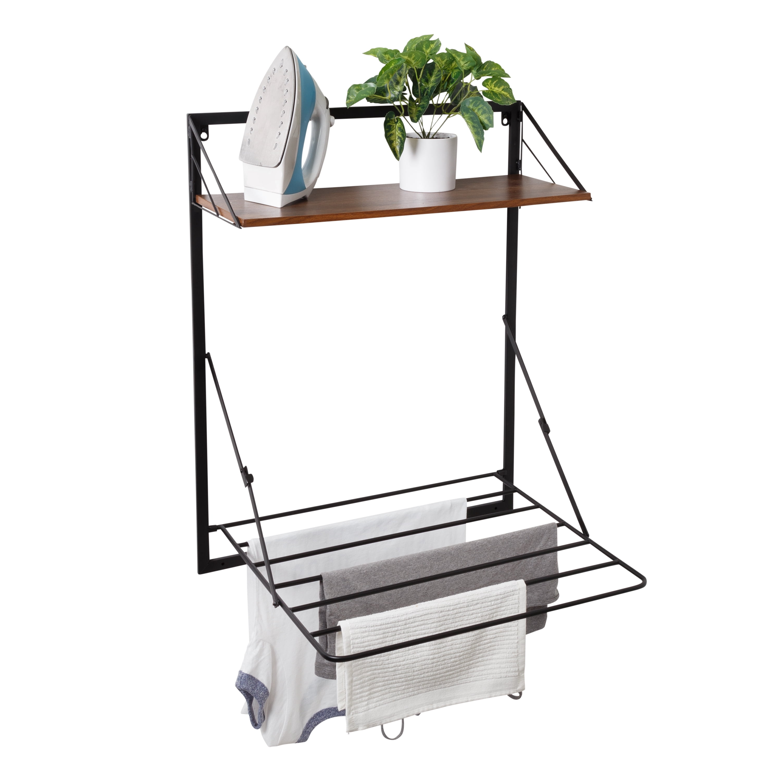Honey-Can-Do Steel Over-the-Door or Wall Mount Folding Clothes Drying Rack with Shelf, Black/Walnut