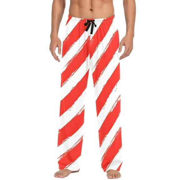 Red and White Art Stripes Men's Pajama Pants Cotton Long Sleepwear Lounge Pants L