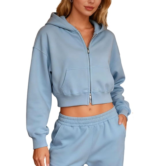 OGLCCG Women's Full-Zip Cropped Hoodies with Pockets Long Sleeve Crop Casual Sweatshirts Jacket Solid Color Trendy Hooded Jacket