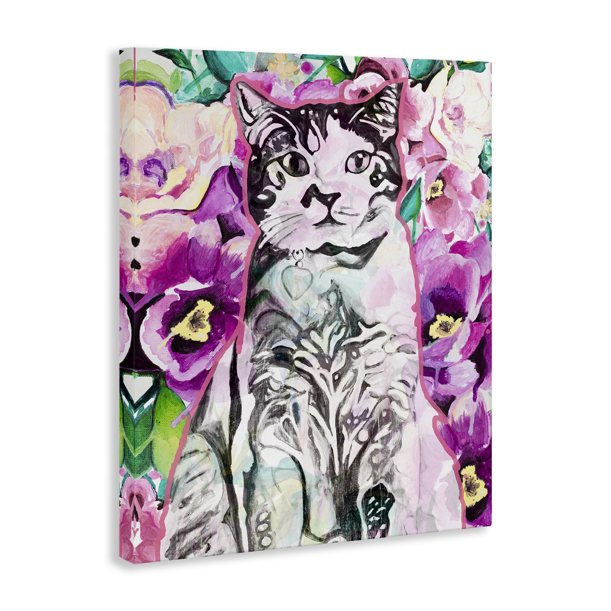 Stupell Industries Kitty Among Flowers Animals & Insects Painting Gallery Wrapped Canvas Art Print Wall Art, 16 x 20