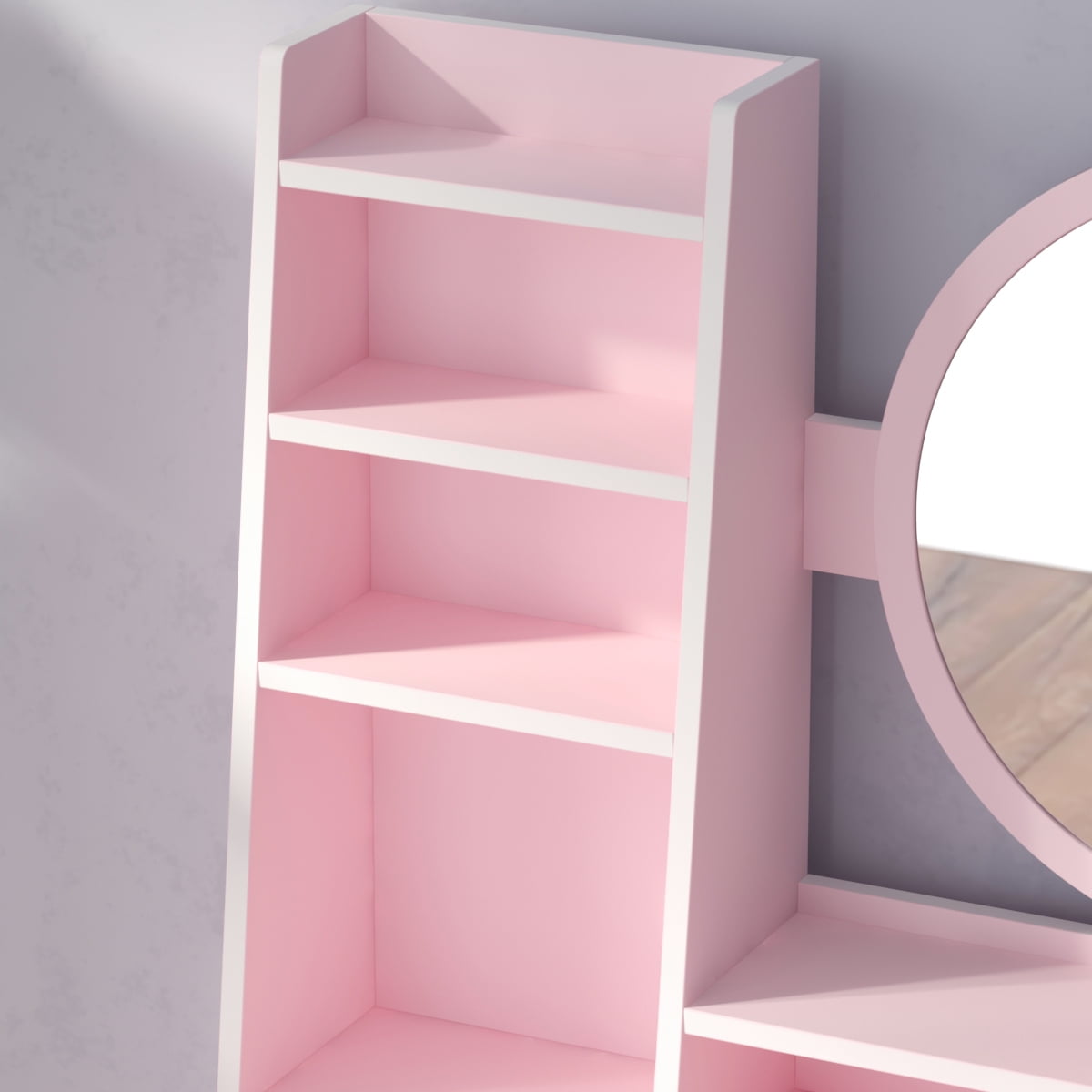 KULAGAGA Vanity Set with Mirror, Cushioned Stool, Storage Shelves, Makeup Organizer, 5 Drawers Makeup Vanity Desk , Dressing Table , Pink