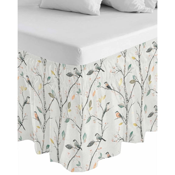 Vintage Botanical Wrap Around Bed Skirts for Queen Bed 16" Drop, Bed Skirt with Adjustable Elastic Belt Dust Ruffle Bed Valance for Bedroom Hotel Luxury Birds Branch Watercolor Leaf Bed Frame Cover