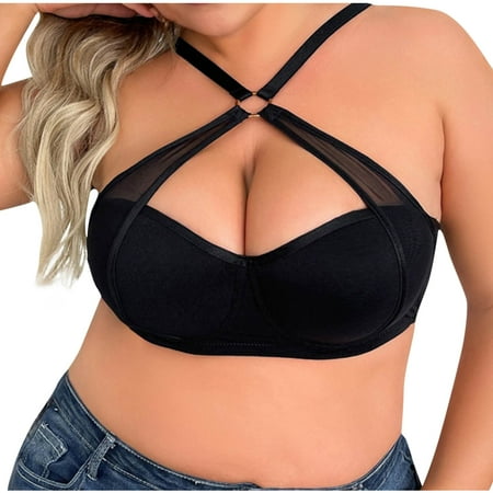 Gnurob Saving Minimizer Bras for Women Plus Size Full Coverage Bralette No Underwire Bra Crisscross Bralettes for Heavy Breast Deals 02-Black 100D