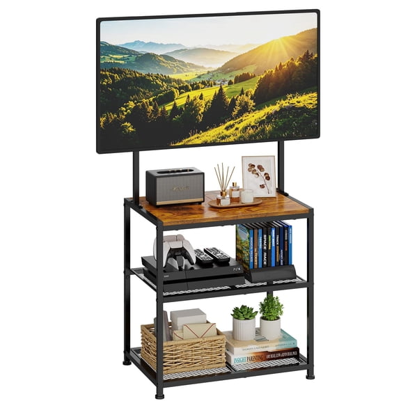 Baxikayon 23–50 inch Corner TV Stand, Rustic Brown Small Space Entertainment Center with 3 Storage Shelves and Adjustable TV Mount, Metal Frame