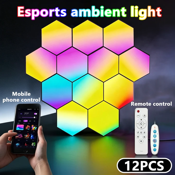 Arcticwind Hexagon LED Lights 12 Pack,RGB Wall Panels with APP/Remote & Music Sync, LED Wall Light Panels， DIY Modular Hex Light for Gaming Room, Bedroom, Living Room, Wall Decor