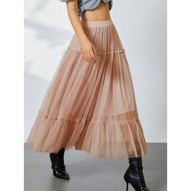 Musuos Women s Spring Summer Tulle Skirt Solid Color Pleated Flowy A Line Midi Skirt for Travel Beach Size One size Black