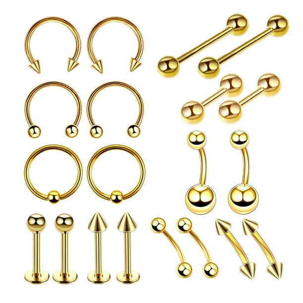 20 piercings dorados para nariz, labio, ceja, ombligo y vientre 1.2x6 + 3mm
