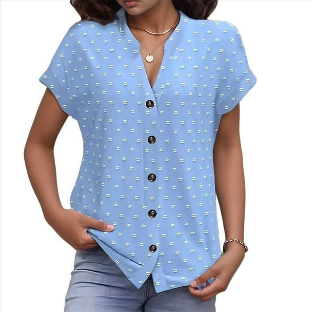Blusa de Verano 2025 para Mujer, con Cuello en V, Volantes, Corta, Lunares, Holgada, Tipo Túnica Azul S