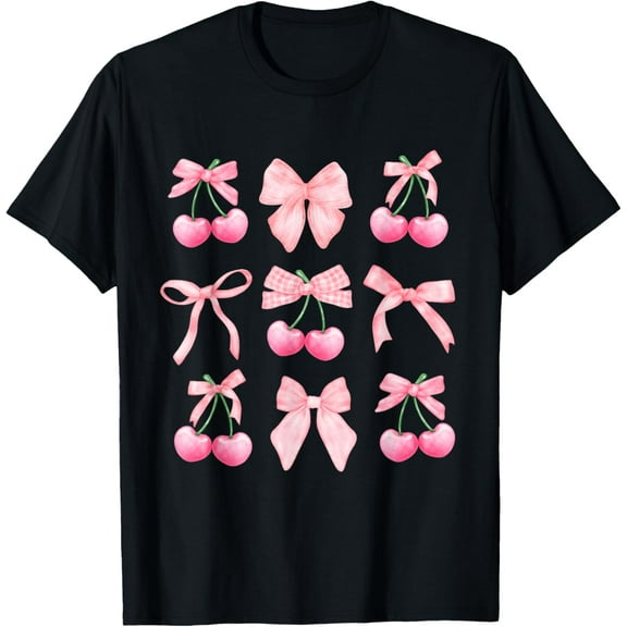 Coquette Aesthetic Pink Bow and Cherry Girls Kids T-Shirt