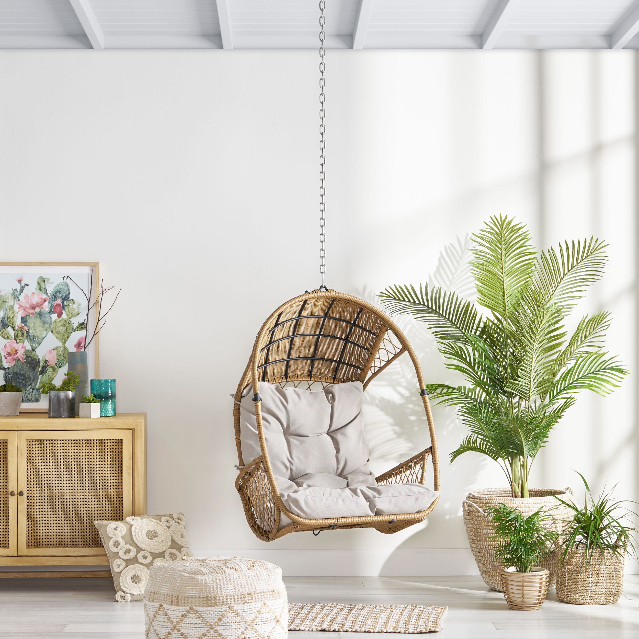 Outdoor Hanging Swing Chair with 8ft Chain, Wicker Weave Suspended Leisure Seat for Patio Garden, Light Brown and Beige