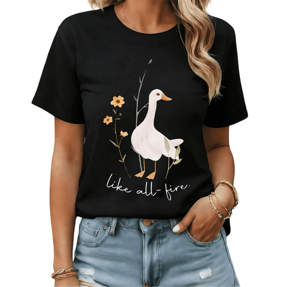 Like All-Fire White Duck Floral Graphic Tees Womans Tshirt Shirts Black S-5XL Tops
