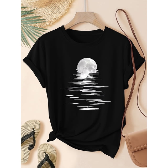 Camiseta Casual de Manga Corta con Estampado de Luna Ascendente, Cuello Redondo, Estilo Verano, Tallas S-XXL para Mujer
