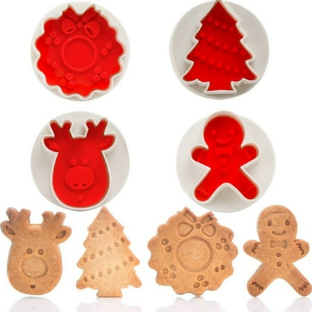 

4Pcs Christmas Cookie Cutter Embossing Mold Fondant Stamper Set Christmas Themed Die Biscuits Pastry Cutter Set for DIY Cake Baking Mould