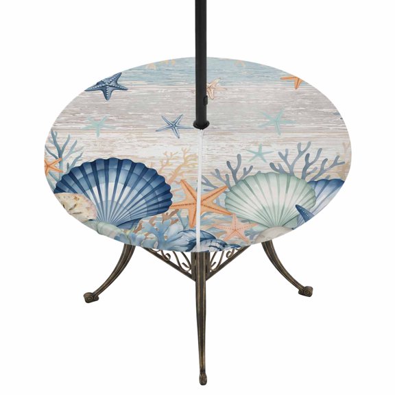 Round Outdoor Tablecloth with Umbrella Hole and Zipper, Navy Blue Coastal Tablecloth with Elastic Waterproof, Shell Starfish Coral Vintage Summer Beach Patio Table Covers for 55" - 60" Pool Tables
