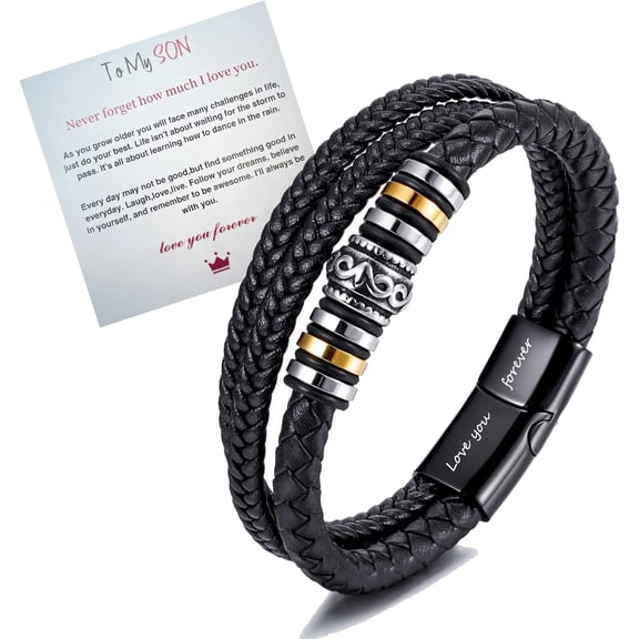 To My Son/To My Grandson Bracelet,Mens Leather Bracelet with Stainless Steel Clasp,Multi-Layer Braided Genuine Leather Bracelet Inspirational Wristband,Mens Bracelet(8.3inch)