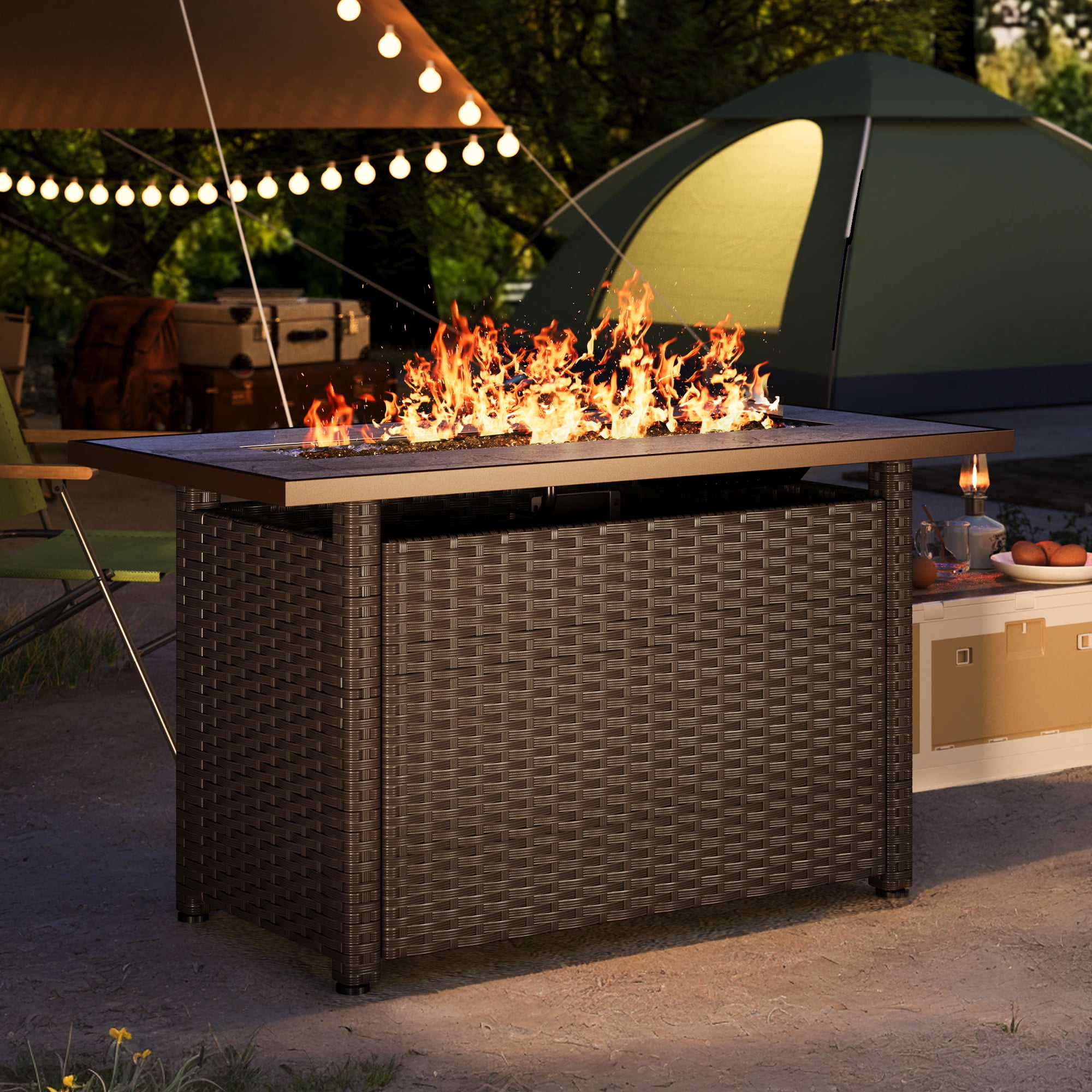 45" Rectangular Propane Fire Pit with Lid, 50,000 BTU Tabletop Fire Pit with Glass Rock, Waterproof Cover and PE Rattan, Brown