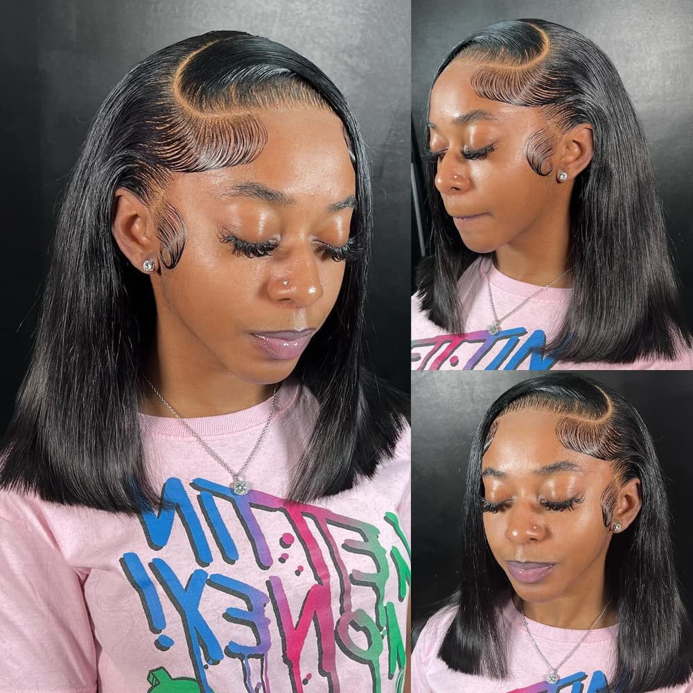 Bob Wig Human Hair Straight  Lace Front Bob Wigs for Black Women Human Hair Pre Plucked Glueless Side Part Middle Part C Part 150% Density Human Hair  Black 5X5 20 inch bob