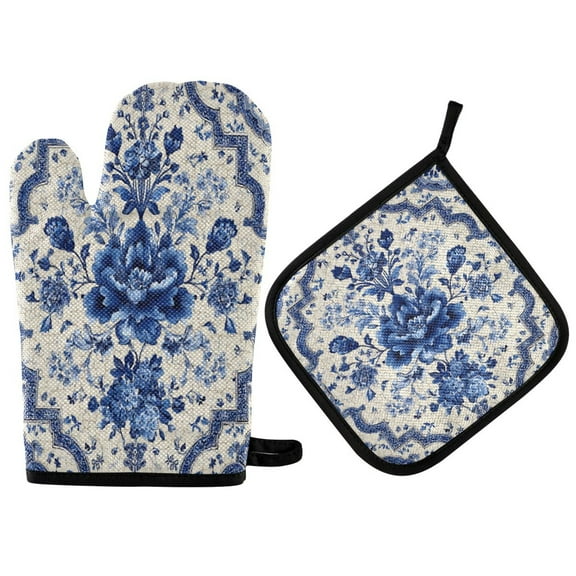 Heat-Resistant Reversible Oven Mitts and Pot Holders Set Double-Sided Insulated Gloves Kitchen Home Supplies Blue and White Porcelain-style