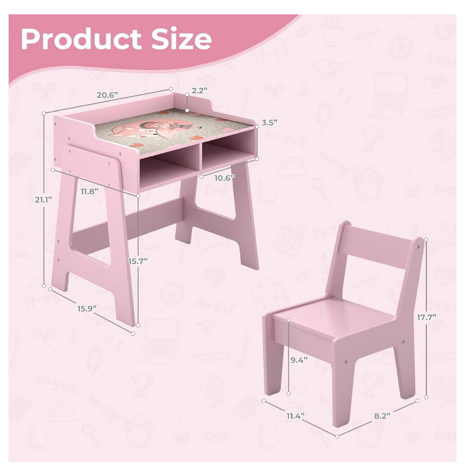 Toddler Table and Chair Set, Wooden Kids Desk and Chair Set, Pink Study Table and Chair Set for Girls, Kids Acitvity Table with Storage for Ages3-8, Toddler Desk and Chair for Bedroom/