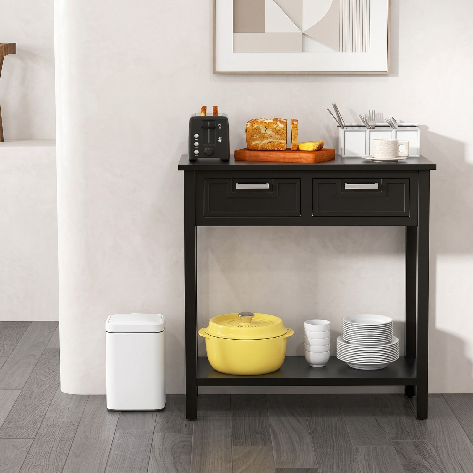 Furnibear Narrow Console Table with 2 Drawers and Open Storage Shelf and Solid Wood Legs for Small Entryway and Foyer, Black