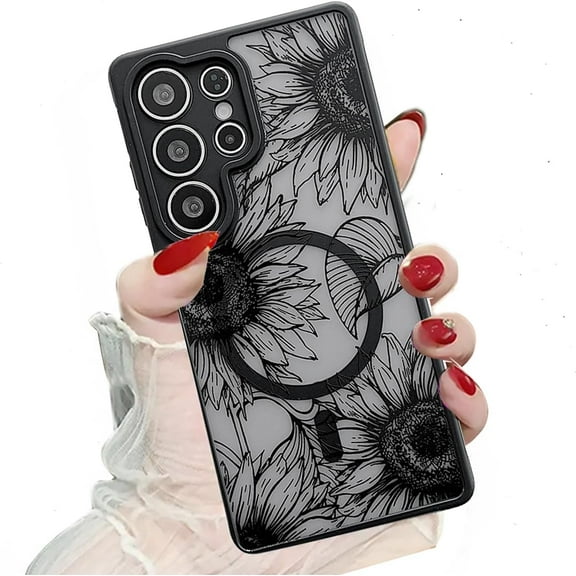 Magnetic Case for Samsung Galaxy S25 Ultra Black Floral Cute Phone Case, [Compatible with Magsafe] Women Girly Flower Pattern Slim Thin Frost Clear Back TPU Shockproof Bumper Cover, Sunflower