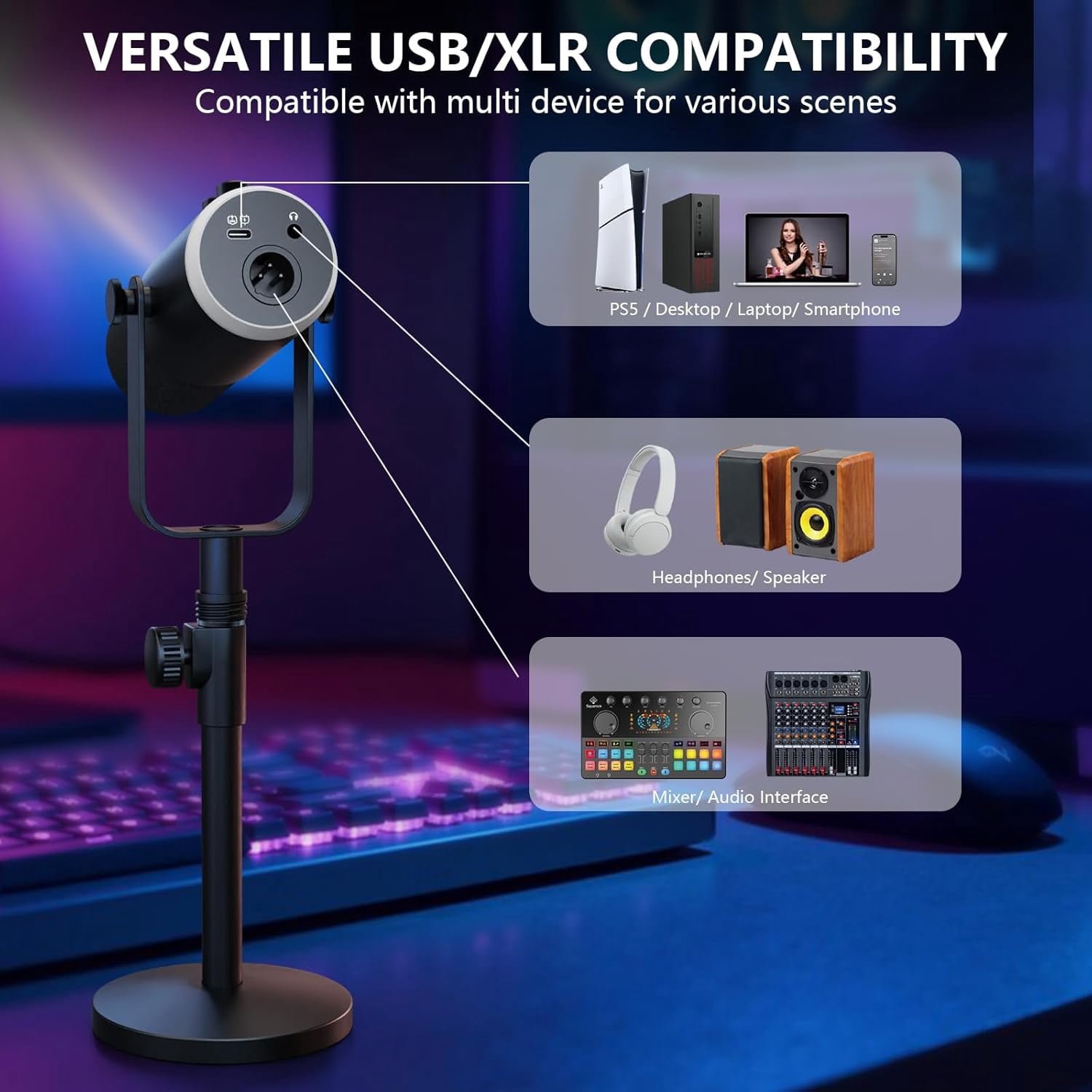 USB XLR Dynamic Podcast Microphone with RGB Lighting for Streaming Gaming