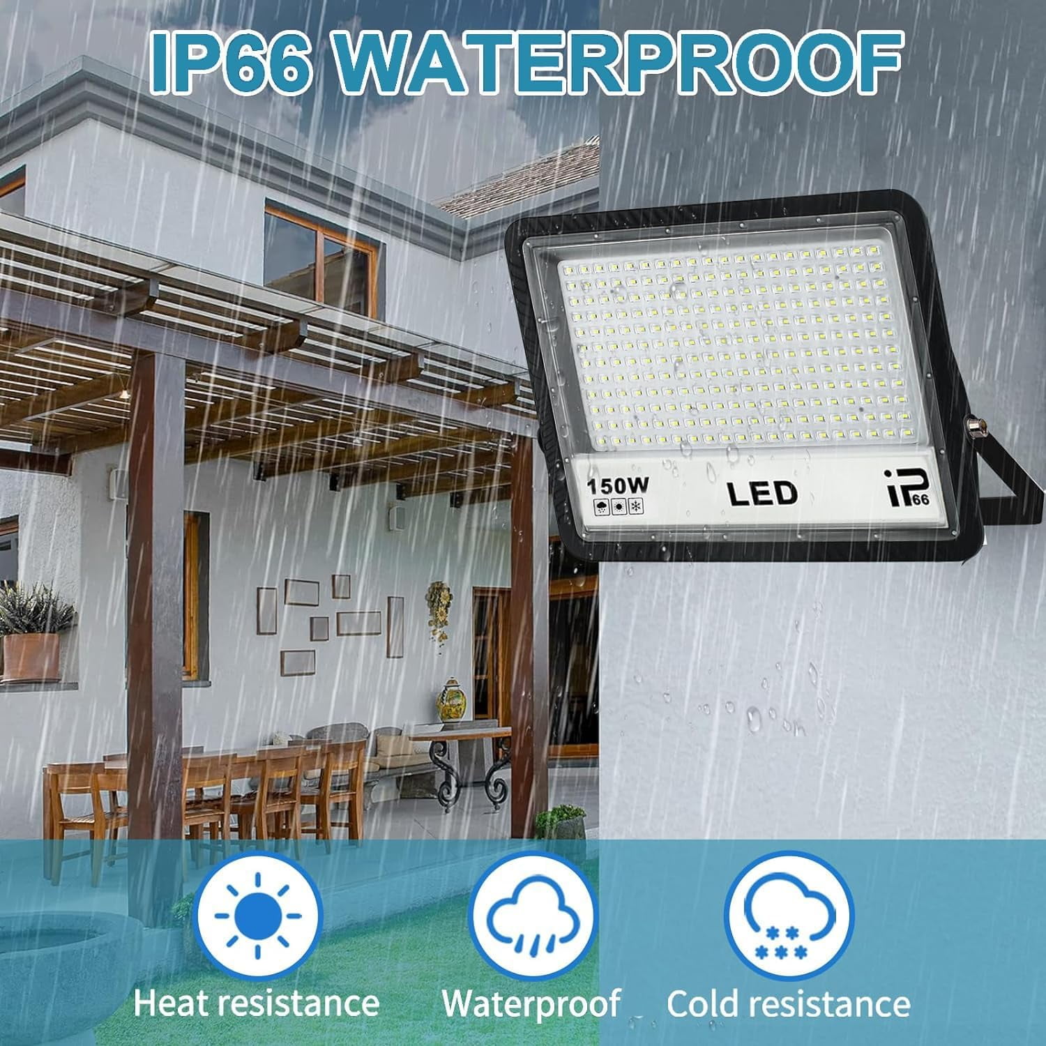 LED Flood Lights Outdoor, 2 Pack 150W 15000LM Bright Floodlight Outside Work Light with Plug, IP66 Waterproof 6500K Outdoor LED Flood Light for Garage, Yard, Lawn, Garden
